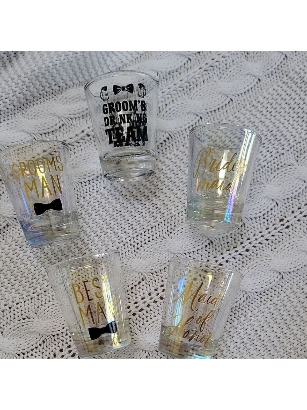 Set of 10 Bridal Party Shot Glasses with Gold and Black Text EUC